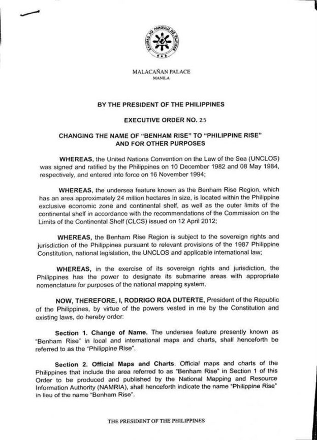 President Duterte Signed Executive Order No. 25 That Benham Rise Is Now